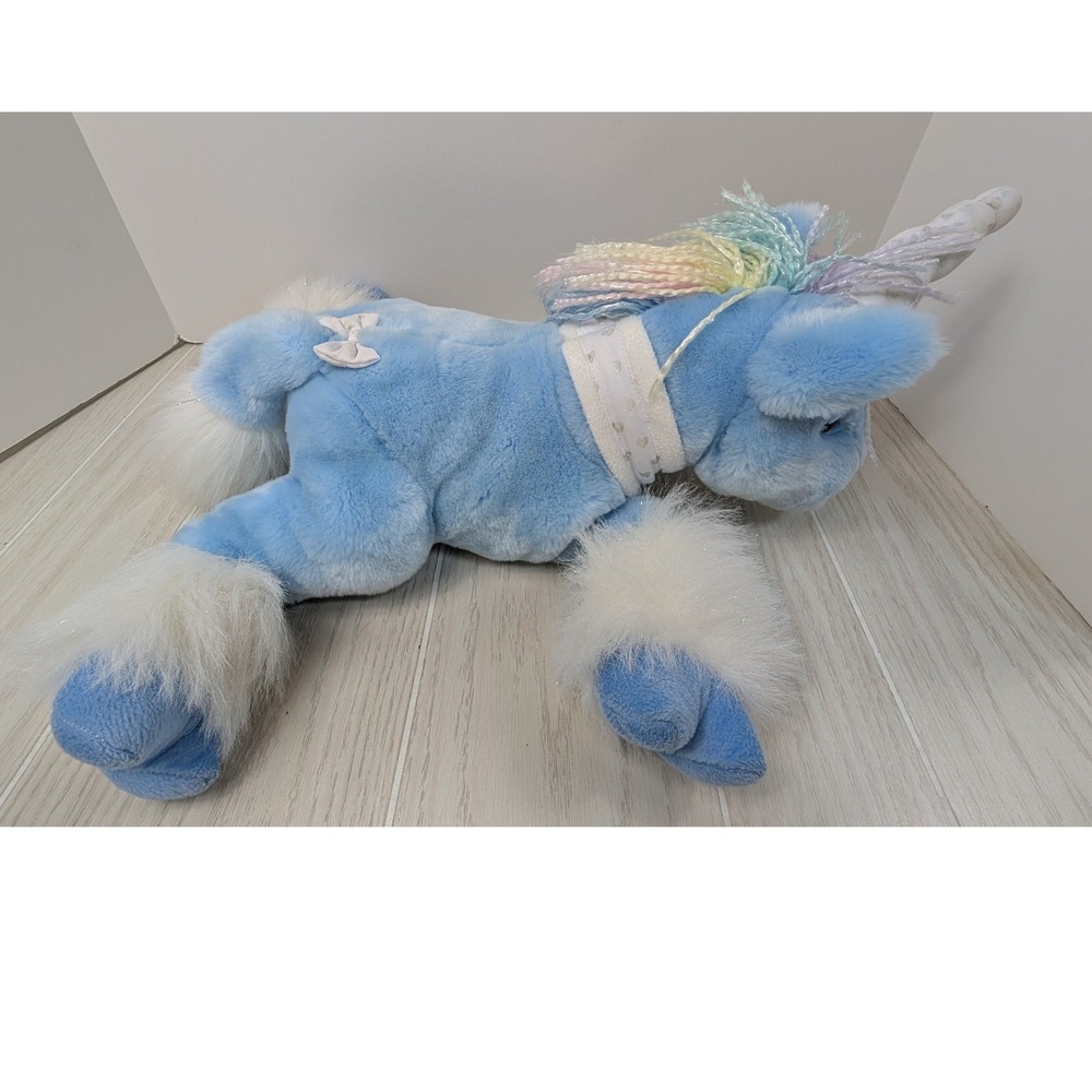 Commonwealth Unicorn Plush Blue Rainbow Mane White Fur Bow FLAW  vintage 2003